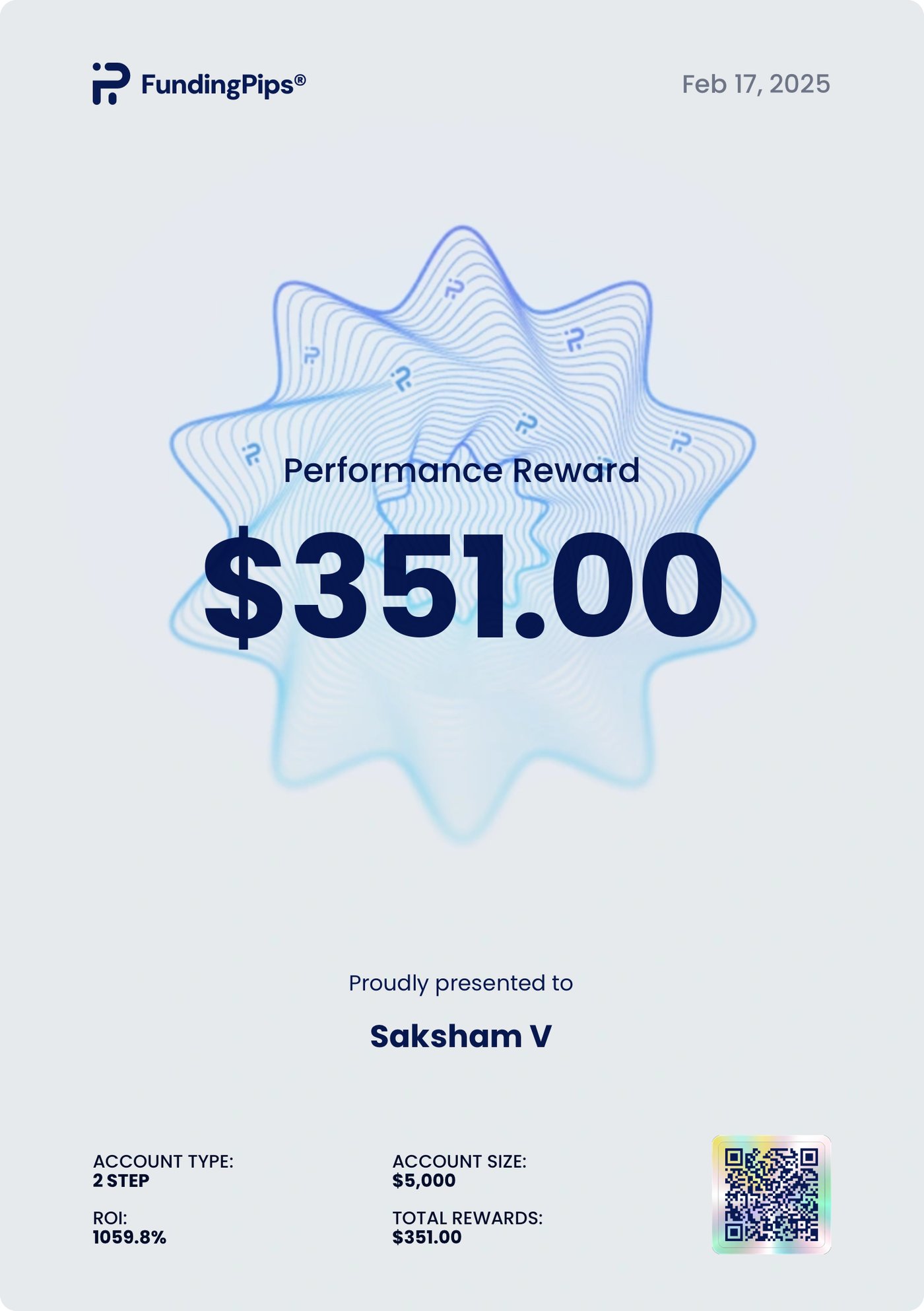 Performance Reward — $351 Payout (ROI 1059.8%)